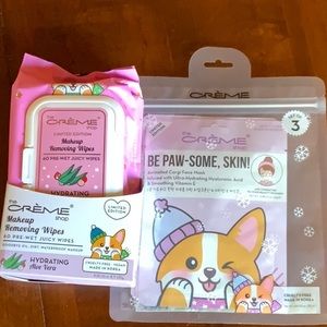 NWT The Crème Shop Corgi holiday sheet mask & facial wipes bundle